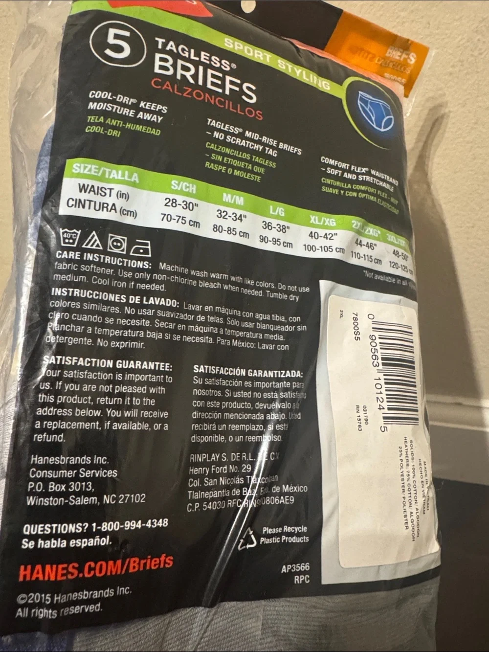 Hanes 5-Pack Tagless Briefs Black, Blue, Gray, Orange & Teal 2xl 44-46